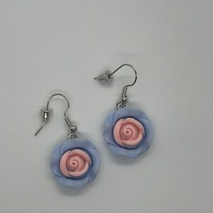 Title: Handmade Pastel Rose Earrings - Light Pink & Blue Floral Jewelry